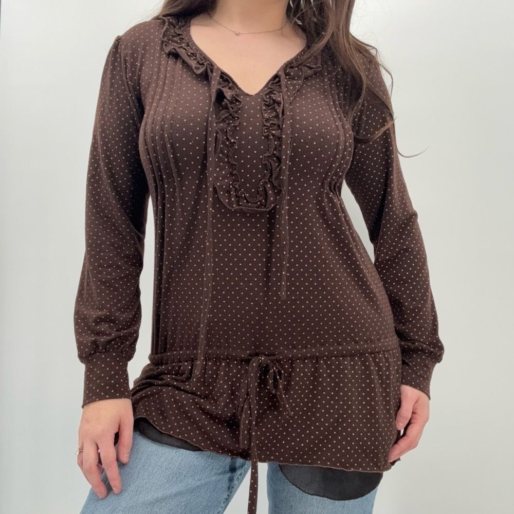Brown Polka Dot Long Sleeve Blouse Top Ruffle China Fall Size Medium